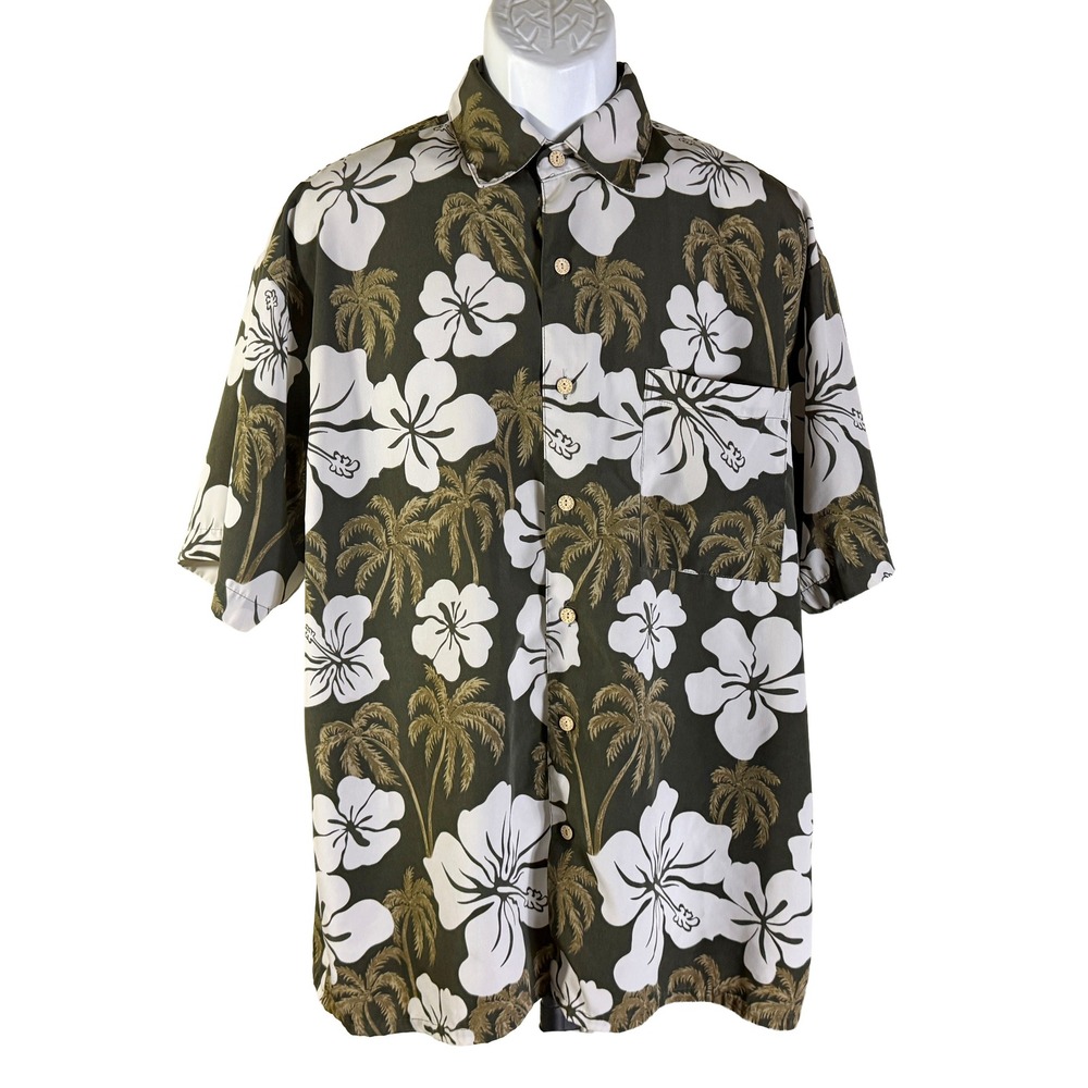 Island Tropics Button Down Shirt Mens XL Green Hibiscus Palm Tree Tropical Aloha